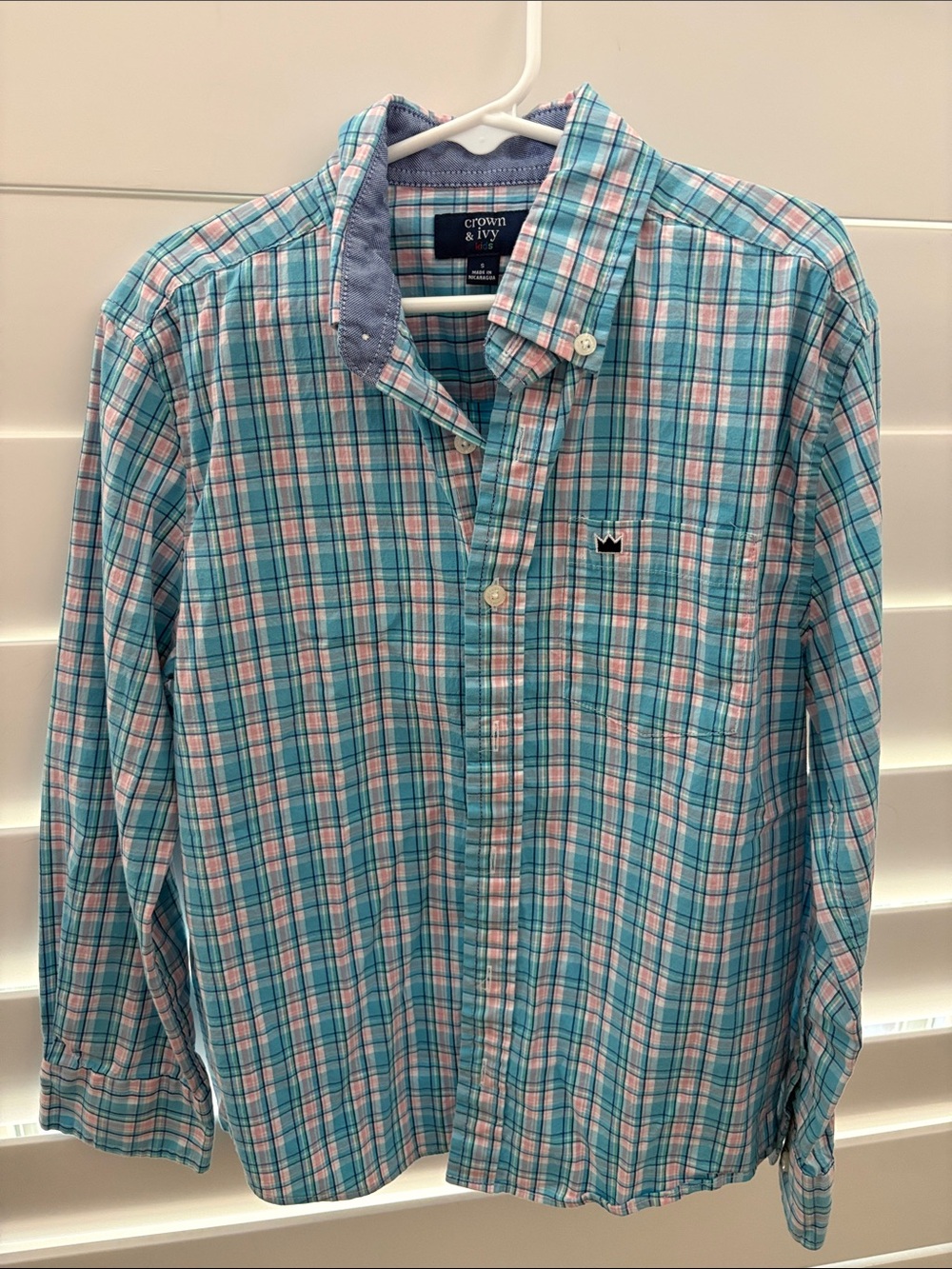 crown & ivy kids Teal and Pink Plaid Button-Down Shirt with Contrast Collar Trim